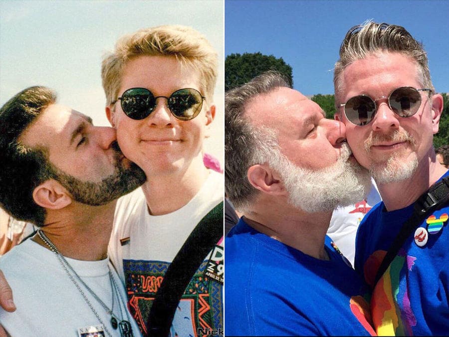 gay couple recreating their older photo together