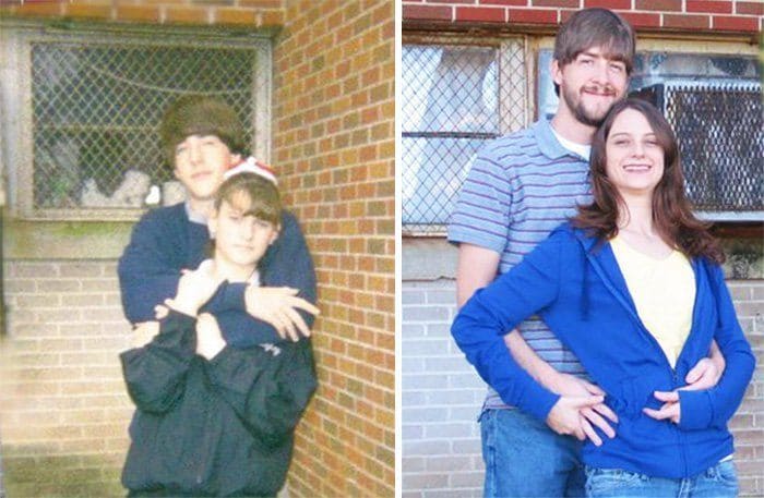 couple recreating their older photo together