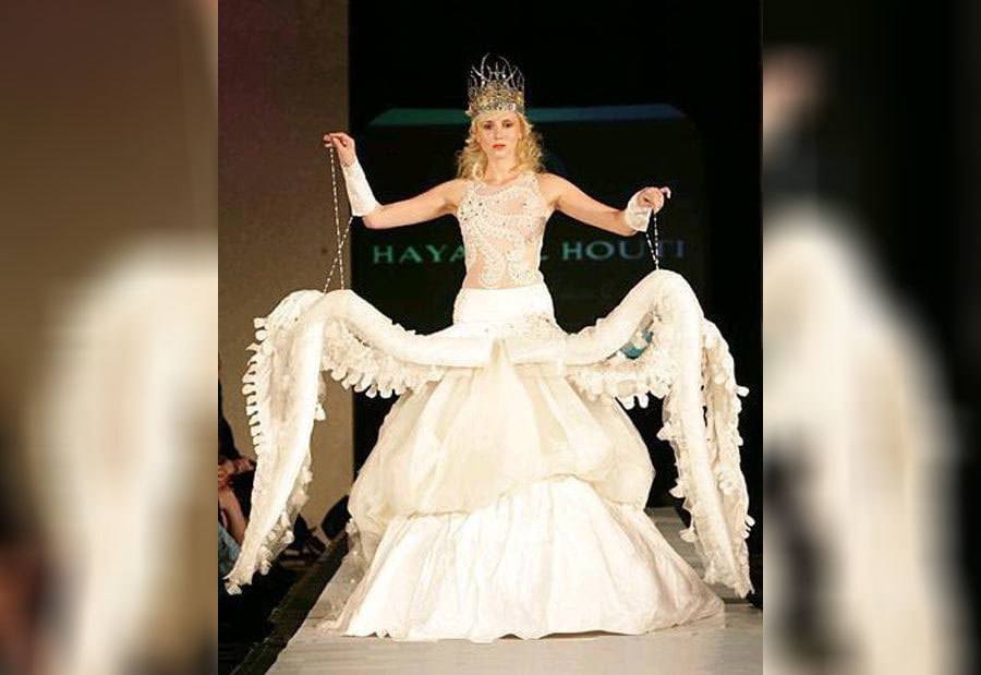 A bride in a wedding dress that looks like an octopus 