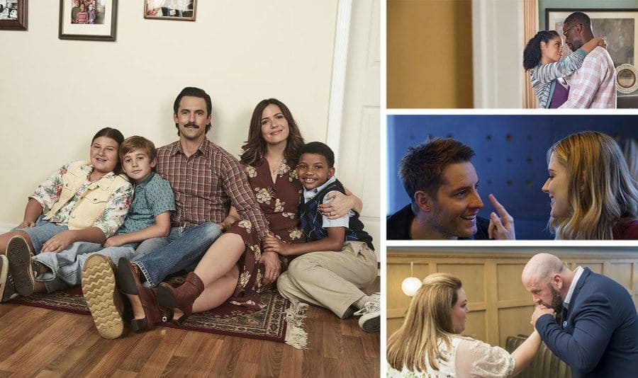 Jack and Rebecca Pearson with all of the kids. / Alex Breckenridge and Justin Hartley. / Randall and Beth Pearson. / Kate and Toby in This Is Us.