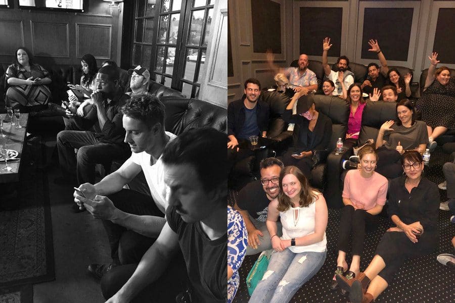 The cast of This Is Us watching the show with Dan Fogelman.