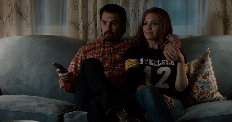 Jack and Rebecca Pearson watching the Super Bowl.
