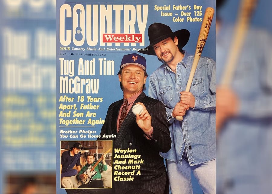 Tim McGraw with biological father “Tug” McGraw together in the cover of Country Weekly magazine, from 1994.