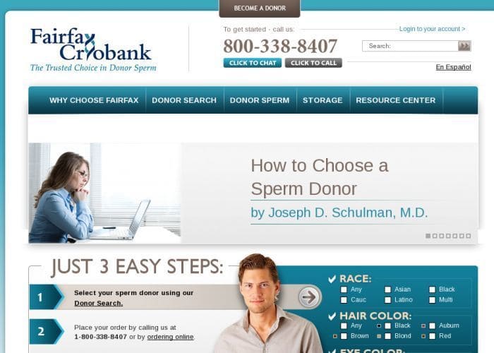 Screenshot of Fairfax Cryobank, a site where you can find a sperm donor.