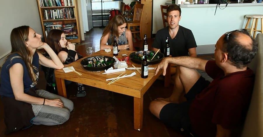 Jessica, Alice, Maddie, Bruce, and Aaron, eating Sushi in the living room.