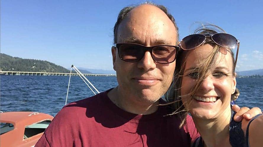 Aaron and Jessica photographed in a selfie-and smiling.