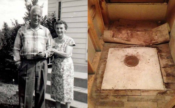A photograph of an older couple / The wooden board with a concrete rectangle in it