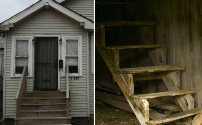 A photograph of an entrance to a home / An old run-down wooden staircase