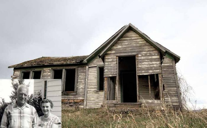An old run-down wooden cabin / A photograph of an older couple