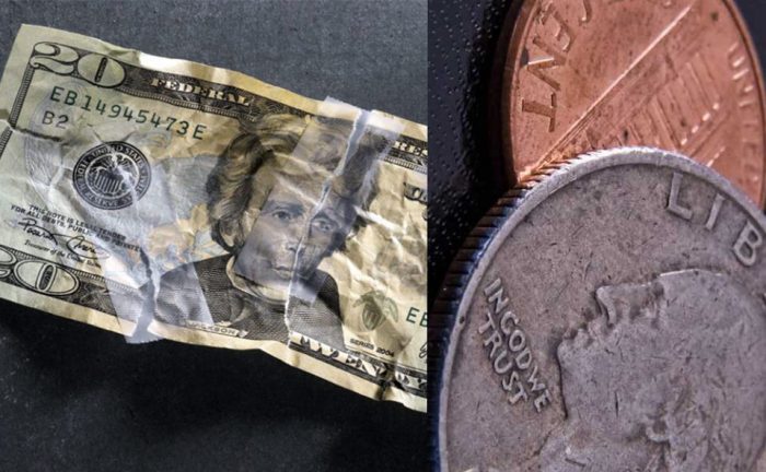 A torn up $20 bill taped back together / A photograph of random coins