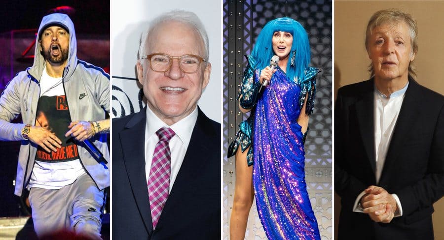 Eminem performing in 2018. / Steve Martin at a red-carpet event in 2019. / Cher performing in 2019. / Paul McCartney at an event in 2019.