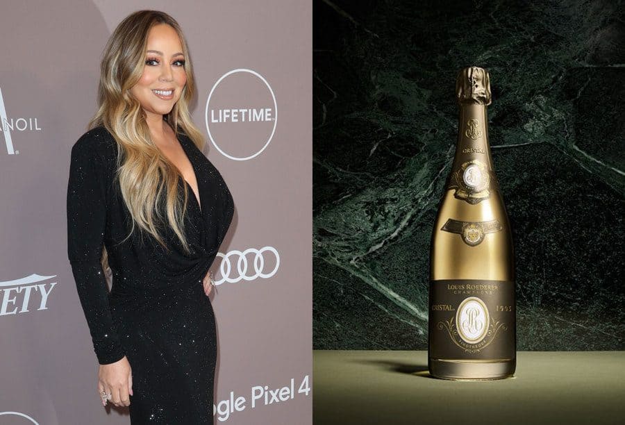 Mariah Carey at a red-carpet event in 2019. / A bottle of Cristal vinotheque 1995.