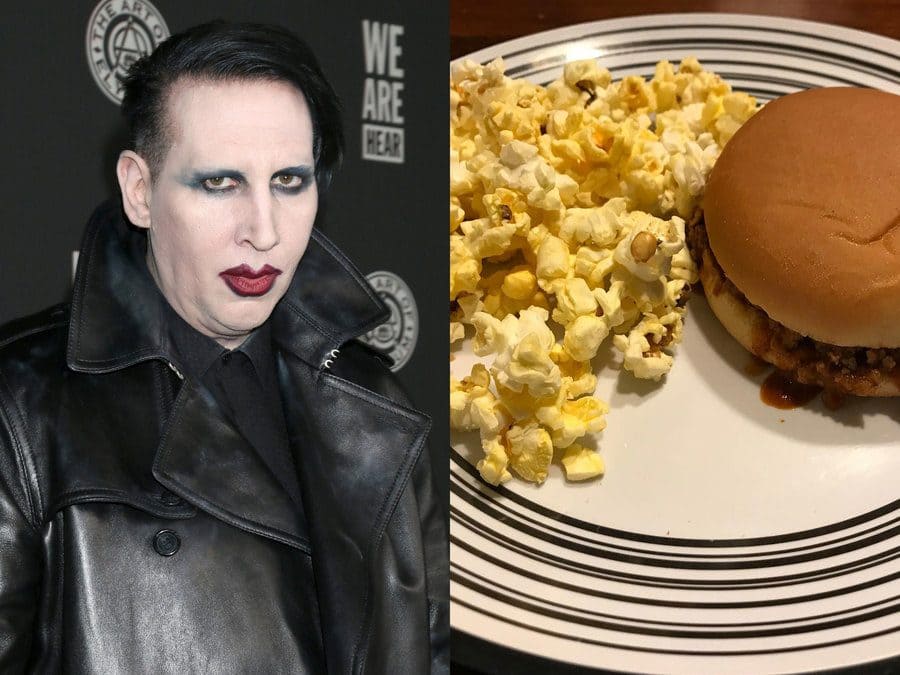Marilyn Manson at a red-carpet event in 2020. / A plate with a Manwich on a bun with some microwave popcorn.