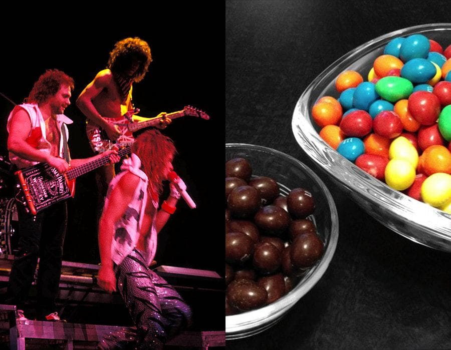 Van Halen was performing in 1984. / A bowl of MnMs with all of the brown ones separated.