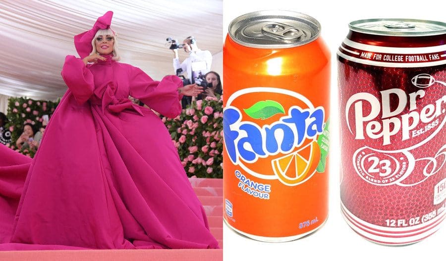 Lady Gaga at a red-carpet event in 2019. / Photograph of an orange soda and dr. Pepper.