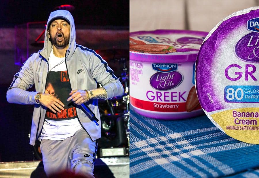 Eminem was performing in 2018. / Dannon Light and Fit strawberry and a banana cream yogurt.