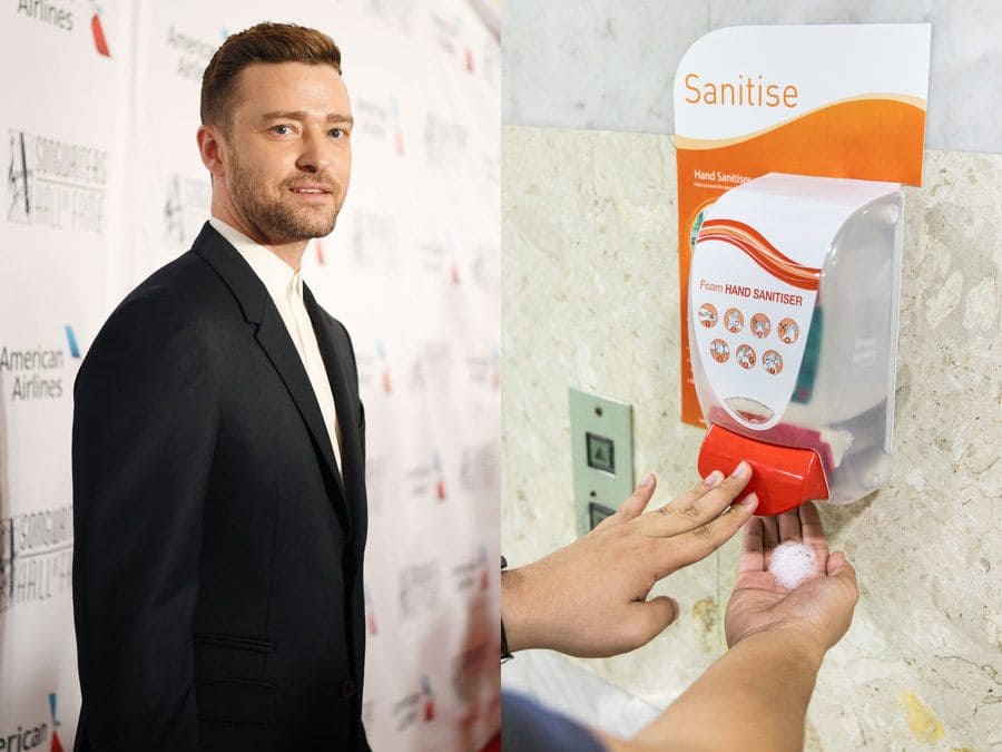 Justin Timberlake at an event in 2019. / Hand sanitizer is next to elevator buttons.