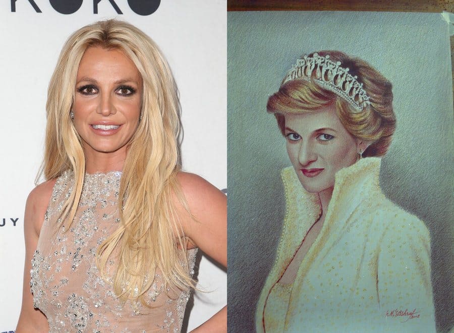 Britney Spears at a red-carpet event in 2018. / A portrait of Princess Diana.