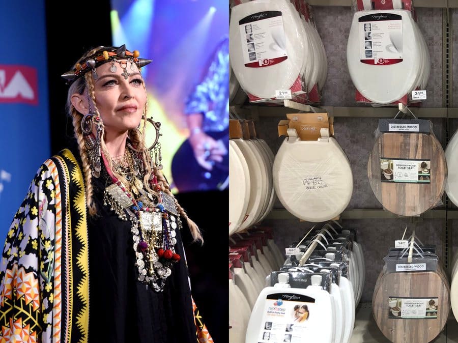 Madonna at a red-carpet event in 2018. / Photograph of toilet seats hanging up on display at the store.