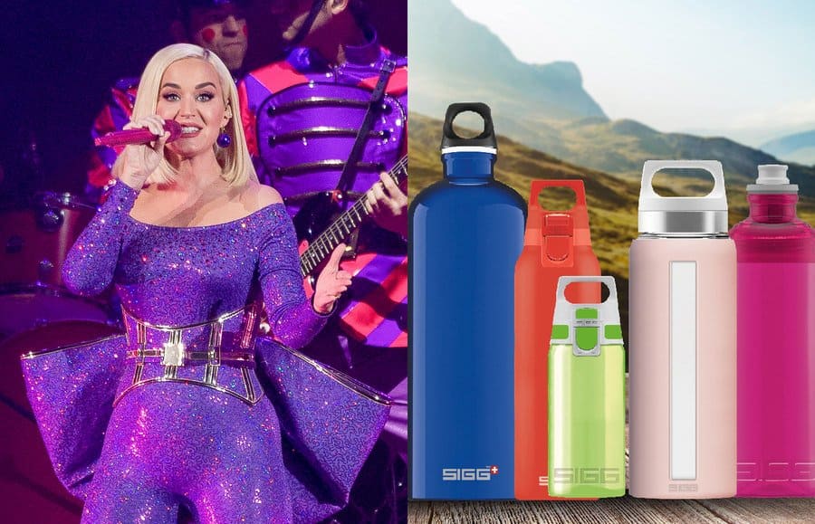 Katy Perry was performing in 2019. / Photograph of SIGG water bottles lined up in front of a mountain view.