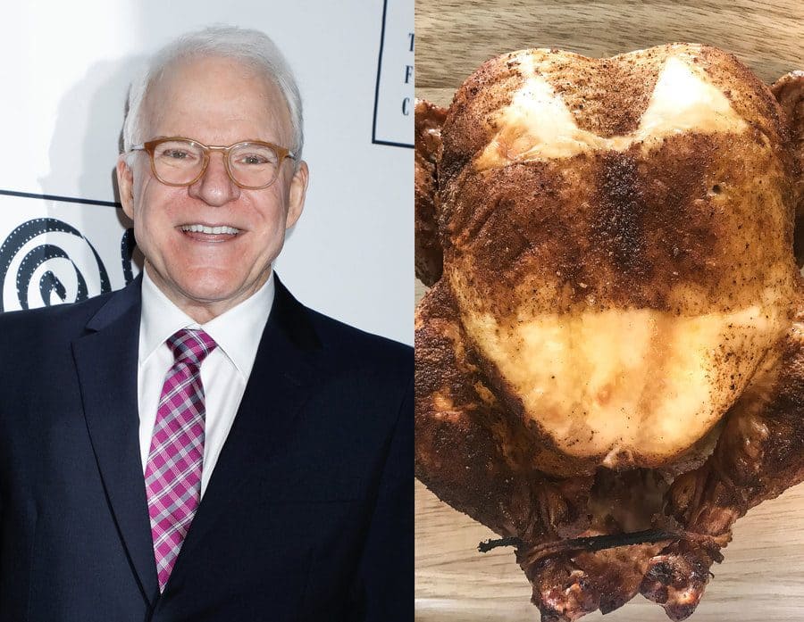 Steve Martin at a red-carpet event in 2019. / A roasted chicken with a tan line.