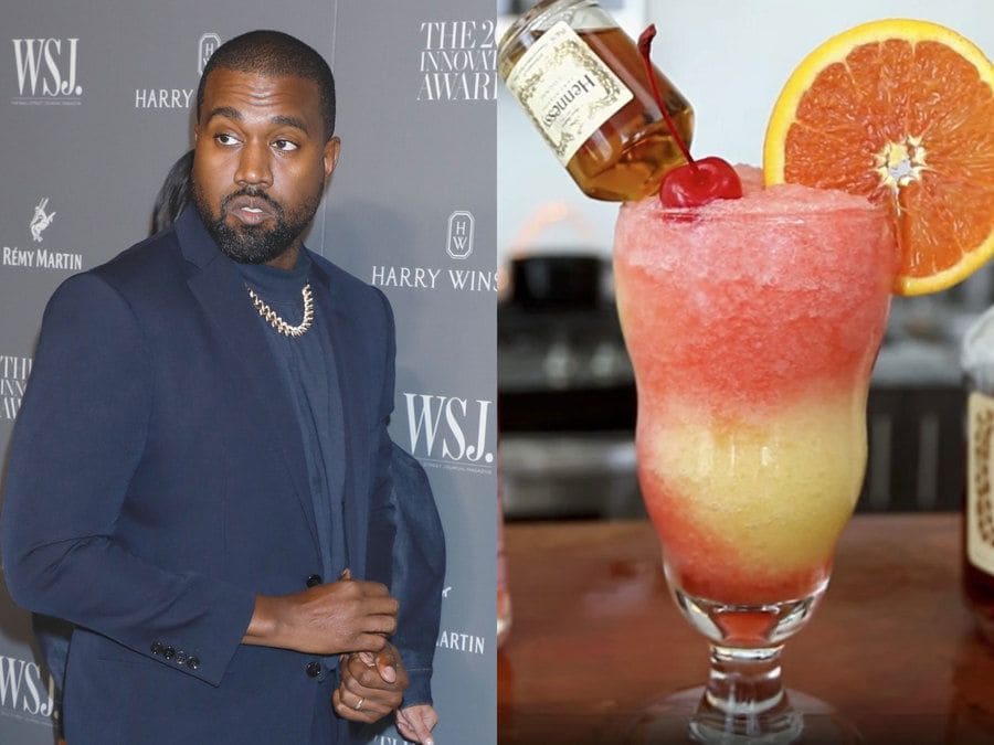 Kanye West at a red-carpet event in 2019. / A yellow and pink Hennessy slushie.