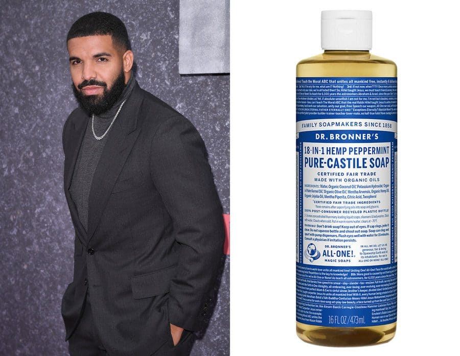 Drake at a red-carpet event in 2019. / A bottle of Bonner’s peppermint soap.
