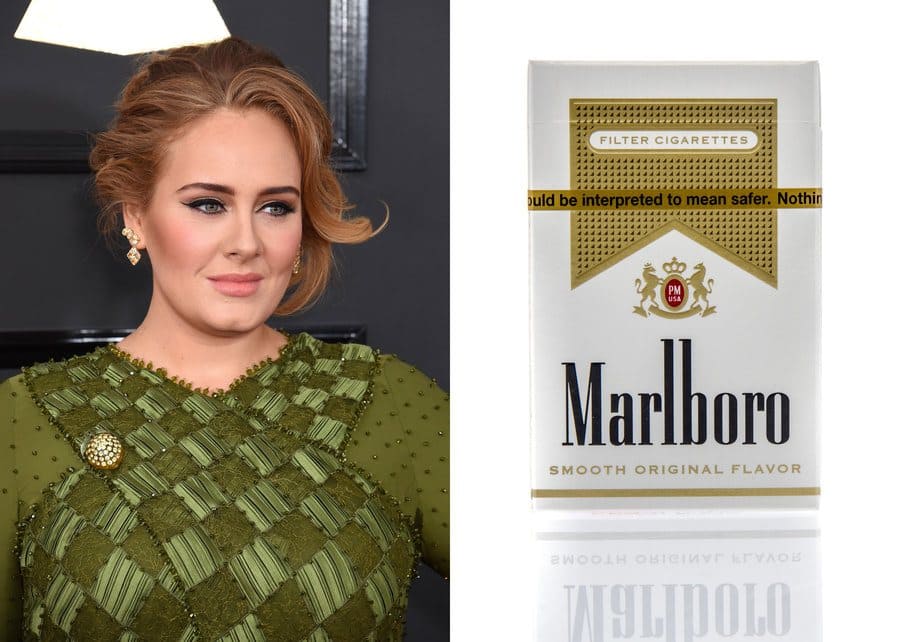Adele at a red-carpet event in 2017. / Photograph of a pack of Marlboro light.