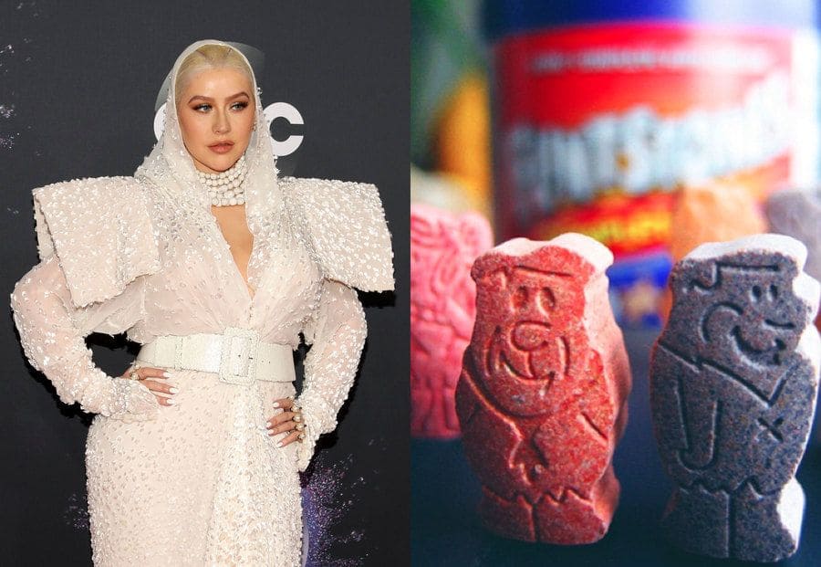 Christina Aguilera at a red-carpet event in 2019. / Flintstone chewable vitamins.