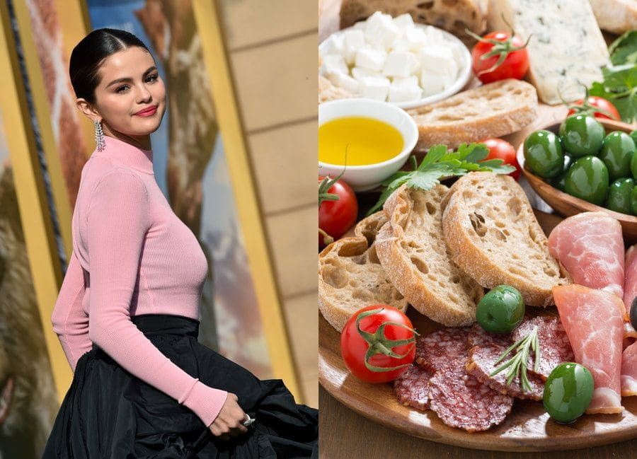 Selena Gomez at a red-carpet event in 2020. / An assortment of deli meats, fresh cheese, olives, and bread.