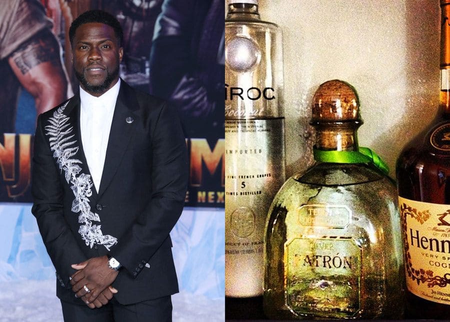 Kevin Hart at a red-carpet event in 2019. / Ciroc, champagne, Patron, and Hennessy.