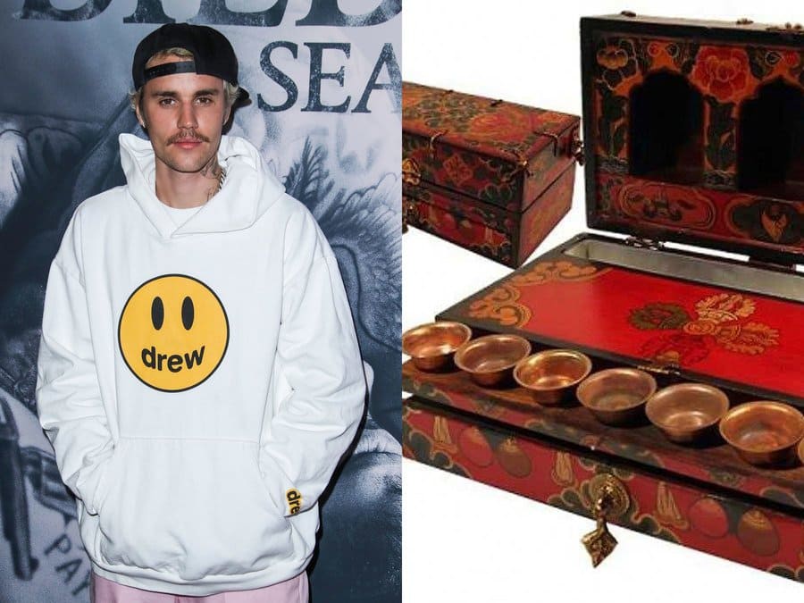 Justine Bieber at a red-carpet event in 2020. / A yoga casket.