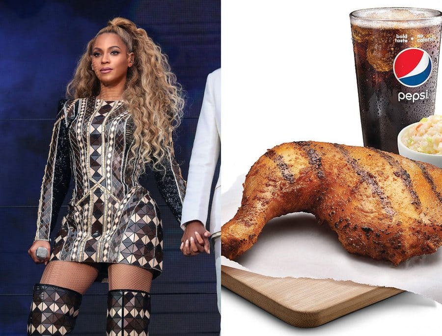 Beyoncé in concert in 2018. / A chicken leg, mashed potatoes, and Cole-slaw next to a glass of cold Pepsi.