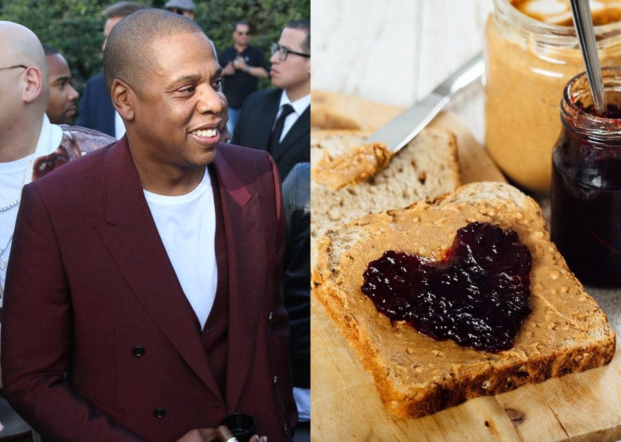 Jay-Z at a red-carpet event in 2017. / Peanut butter and jelly with the jelly in the shape of a heart.