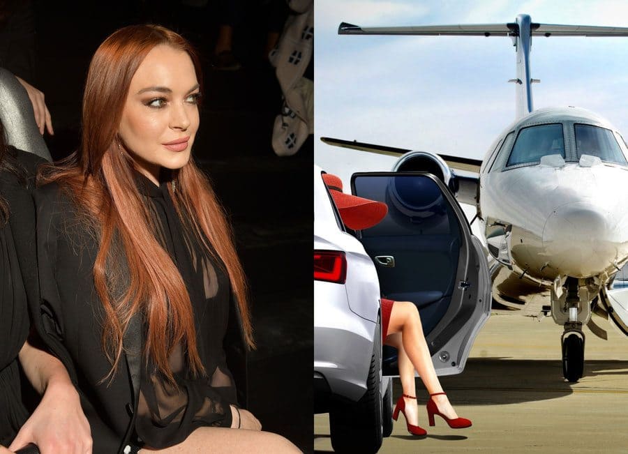 Lindsay Lohan at a red-carpet event in 2019. / A woman is stepping out of a nice car with a private jet waiting for her.