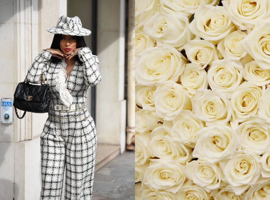 Cardi B was out and about in France. / A close-up of white roses.