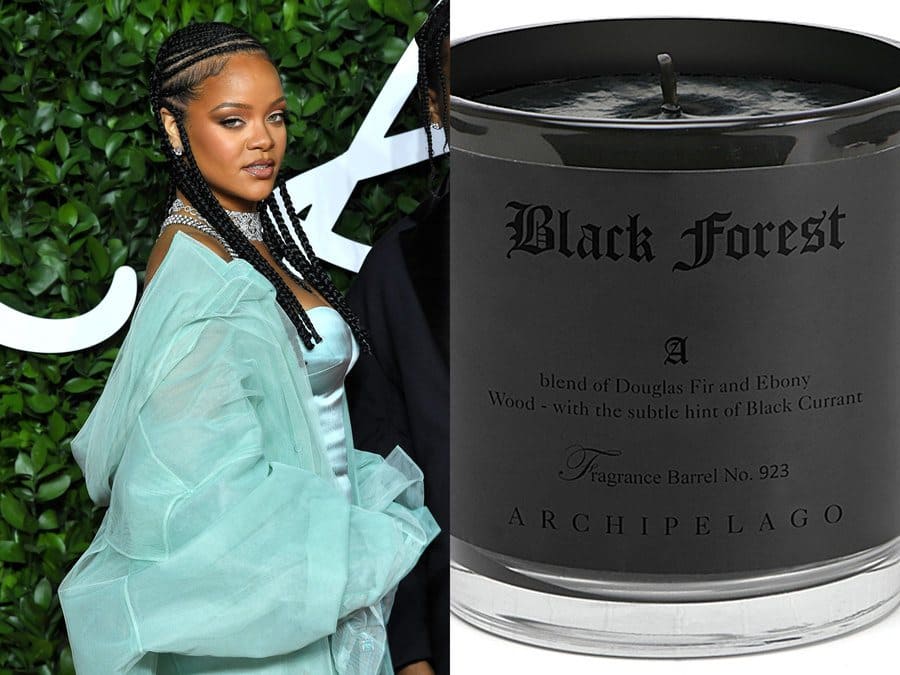 Rihanna at a red-carpet event in 2019. / A black forest Archipelago candle.