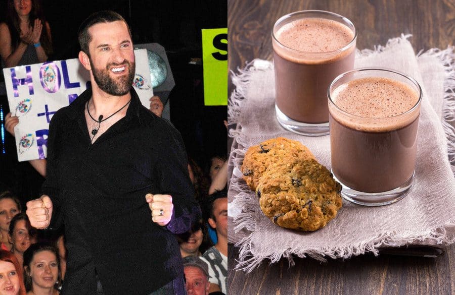 Dustin Diamond at a red-carpet event in 2013. / Glasses of chocolate milk with oatmeal cookies.
