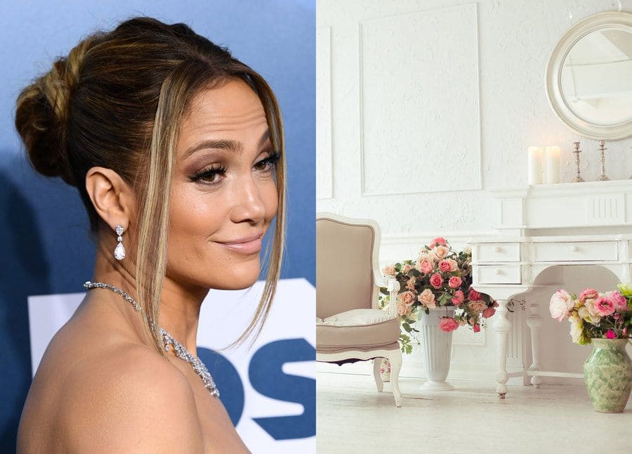 Jennifer Lopez at a red-carpet event in 2020. / An all-white dressing room.