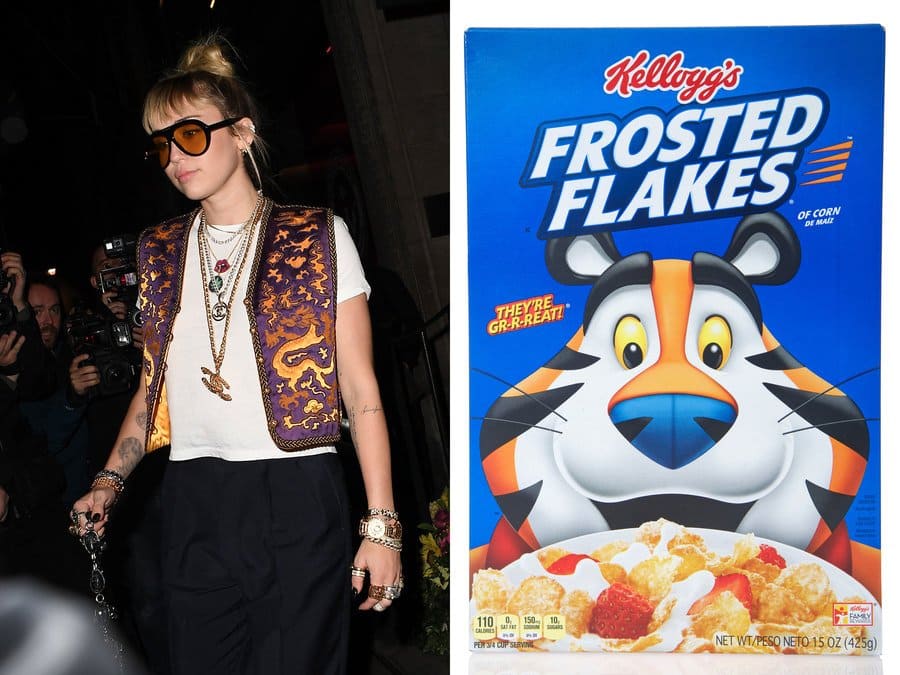 Miley Cyrus out and about in London in 2019. / Kellog’s frosted flakes.
