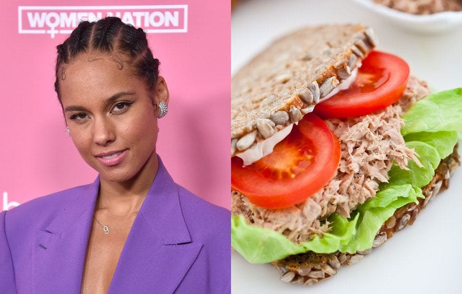 Alicia Keys at a red-carpet event. / Tuna fish sandwich.