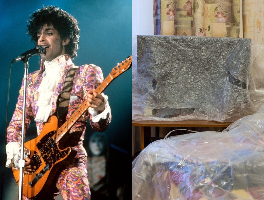Prince was performing in concert in 1985. / Furniture covered in plastic.