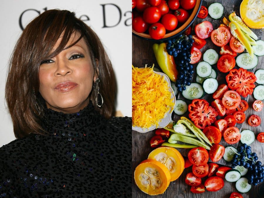 Whitney Houston was at a red-carpet event in 2011. / Fruits, vegetables, and cheese platter.