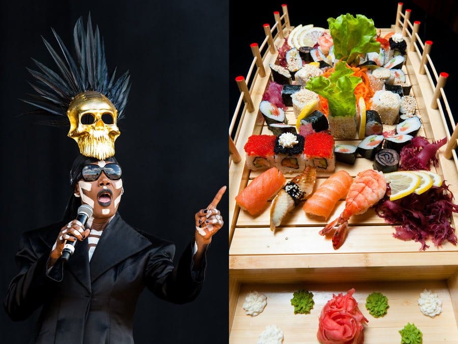 Grace Jones was performing in 2015. / A large sushi platter on a wooden bridge.