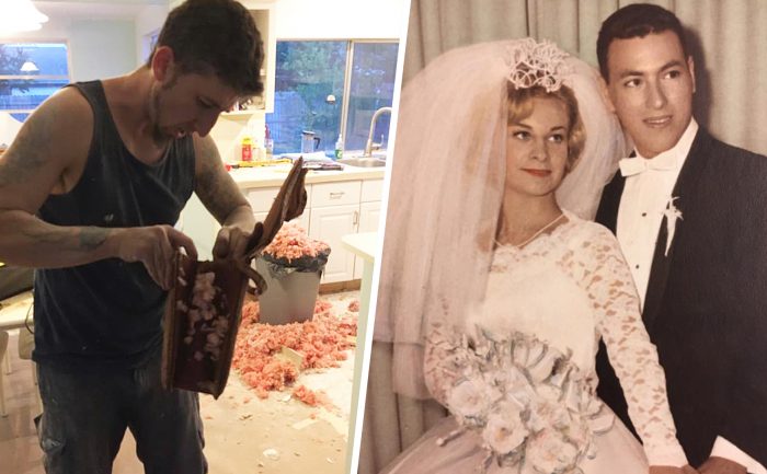 side by side images of a man renovating his kitchen and a vintage wedding photo of a married couple