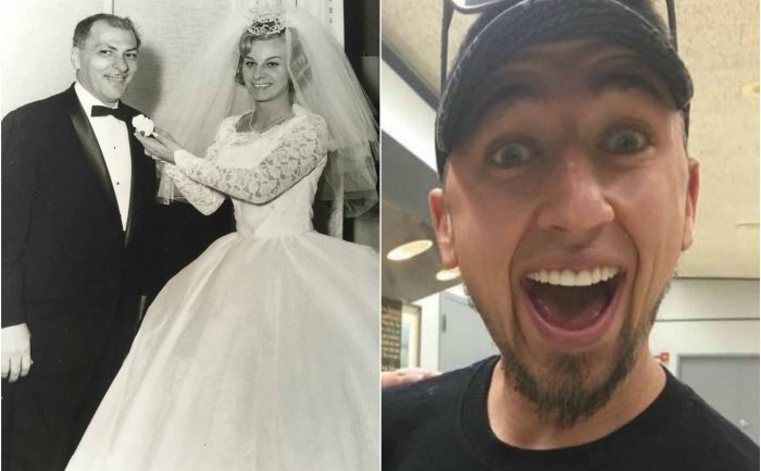 vintage wedding photo next to a selfie of Bobby Kapsidis