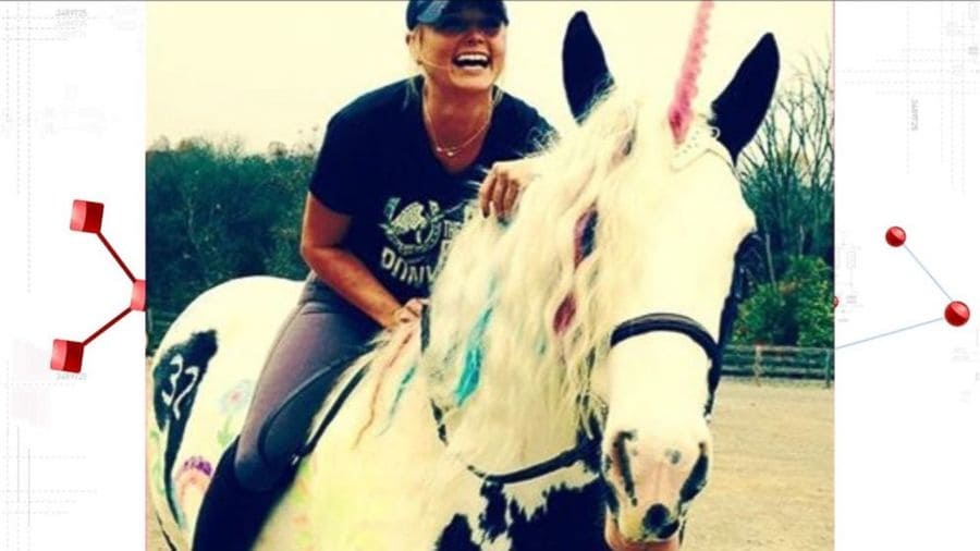 Miranda riding on a horse with a pink horn