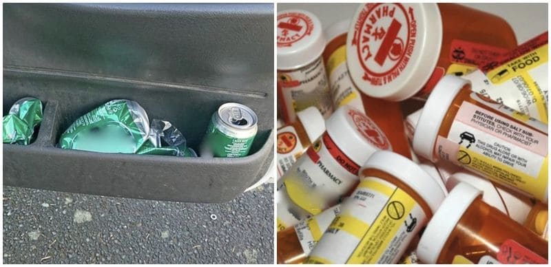 Empty beer cans in the side pocket of the car and pill bottles in a pile. 