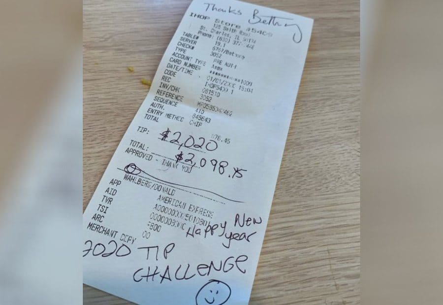 The receipt with a $2020 tip signed “Thanks Bethany, Happy New Year, 2020 Tip Challenge.”