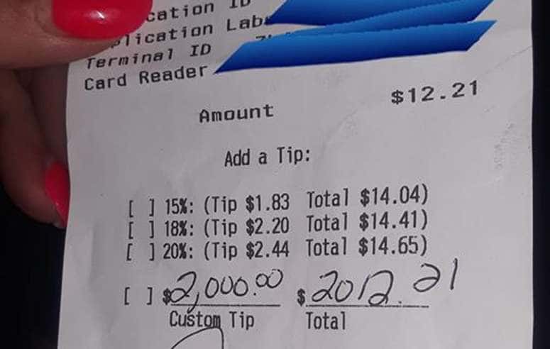 A photograph of the bill with a $2000 tip